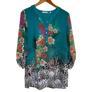Soft Surroundings Tunic Top Women Med Teal Blue Floral Cheetah Sheer Tropical
